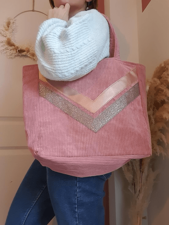 Sac cabas velours côtelé vieux rose
